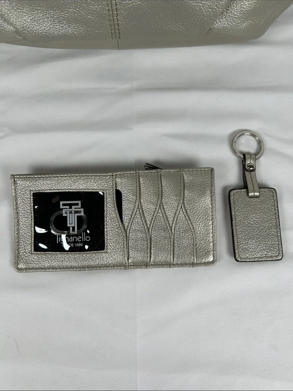 Tignanello Leather Metallic Silver Hobo Bag with Matching Wallet And Keyring
